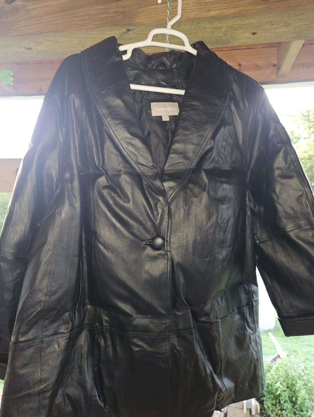 Woman Within Black Leather Single-Button Jacket with Shawl Collar